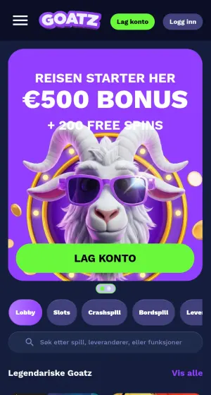 Spillsiden hos Goatz Casino på mobil med lilla banner med geit i solbriller, fanen Lobby markert, et søkefelt og spillbilder av Zeus og en maskert.