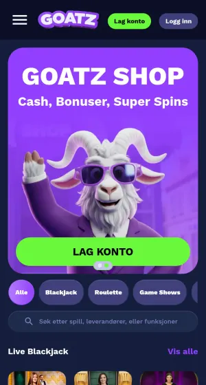 Live casino hos Goatz Casino på mobil med lilla banner der geiten vinker, kategorifaner, søkefelt og live blackjack-bord med dealere under.