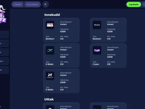 Betalingssiden hos Goatz Casino på mobil... skrivebord, innskuddsdelen med fem kort for bankkort, Revolut, e-lommebok, krypto og Luxon Pay på mørk.