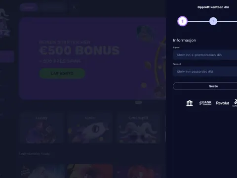 Registreringsskjemaet hos Goatz Casino på skrivebord, et panel til høyre med trinn, felt for e-post og passord, en Neste-knapp og betalingslogoer.