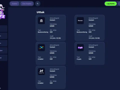 Uttakssiden hos Goatz Casino på skrivebord med fem kort for bankoverføring, Revolut, e-lommebok, krypto og Luxon Pay på mørk bakgrunn.