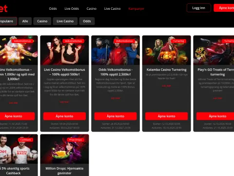 Kampanjesiden hos Ibet Casino på desktop, med kort for velkomstbonuser, turneringer og cashback under en svart toppmeny.