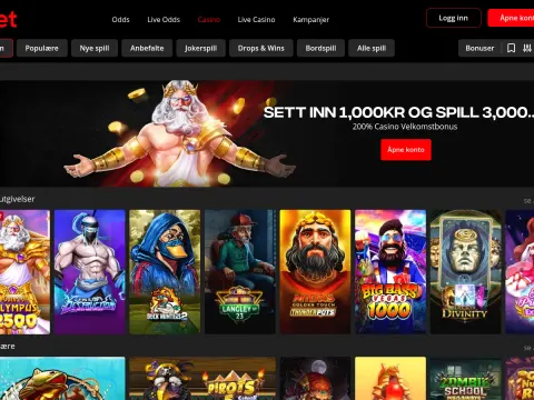 Spillobbyen hos Ibet Casino på desktop, med Zevs-banner øverst og rader med spill som Gates of Olympus og Big Bass Vegas.