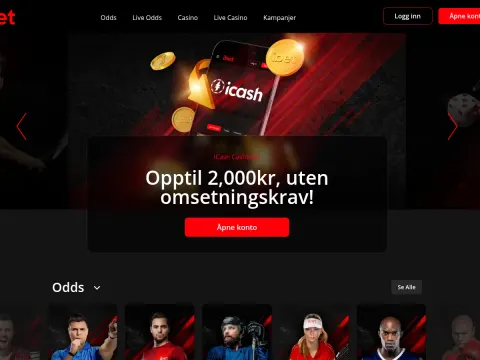 Forsiden til Ibet Casino på desktop, med en rød og svart iCash-banner med gullmynter og en rad med oddskort nederst.