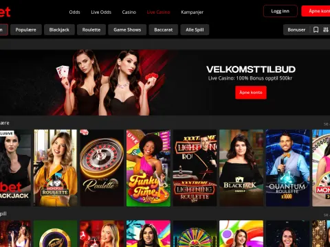 Live casino hos Ibet Casino på desktop, med banner av to kvinnelige dealere og fliser for blackjack, roulette og game shows.