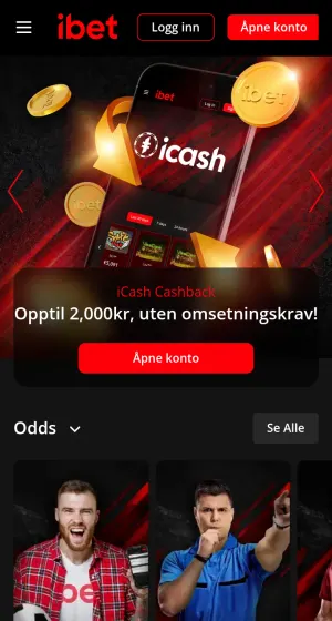 Forsiden til Ibet Casino på mobil, med iCash-banner med gullmynter og en telefon, og oddskort med fotballspillere nederst.