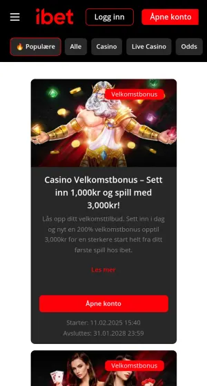 Kampanjesiden hos Ibet Casino på mobil, med filterknapper øverst og et kort for casino velkomstbonus med en Zevs-figur.