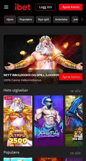 Spillsiden hos Ibet Casino på mobil, med Zevs-banner og spillfliser som Gates of Olympus og Fist of Destruction.