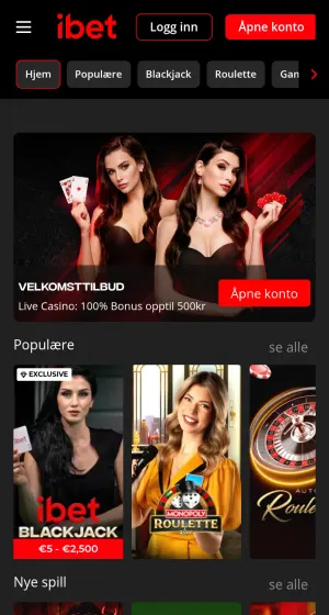 Live casino hos Ibet Casino på mobil, med banner av to dealere og fliser for Ibet Blackjack, Monopoly Roulette og Auto Roulette.