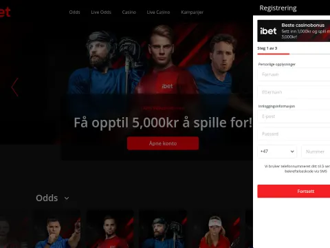 Registreringsskjemaet hos Ibet Casino i et sidepanel til høyre, med felt for fornavn, etternavn, e-post, passord og telefon.