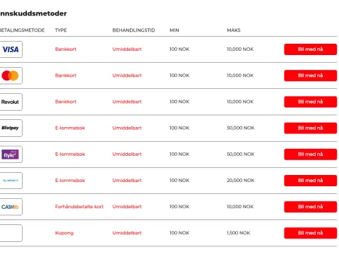 Betalingssiden hos Ibet Casino viser igjen tabellen for innskuddsmetoder med kortlogoer, type, behandlingstid og røde knapper.