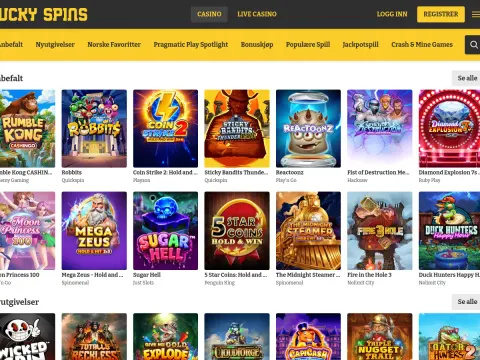 Spillobbyen hos Lucky spins Casino med gul kategorimeny og anbefalte spill som Rumble Kong, Reactoonz, Moon Princess 100 og Mega Zeus.