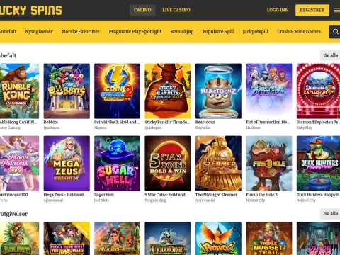 Spillobbyen hos Lucky Spins Casino med gul kategorimeny og anbefalte spill som Rumble Kong, Robbits, Reactoonz og Mega Zeus.