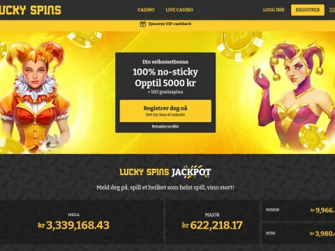 Forsiden til Lucky spins Casino med to jokerfigurer og gullmynter rundt velkomstbonusen, og jackpotoversikt under på mørk bakgrunn.