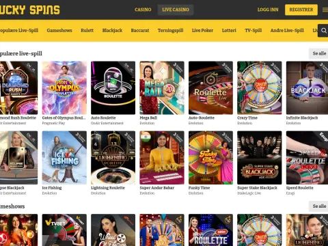 Live casino hos Lucky spins Casino med gul meny og fliser for Diamond Rush Roulette, Mega Ball, Crazy Time og Infinite Blackjack.