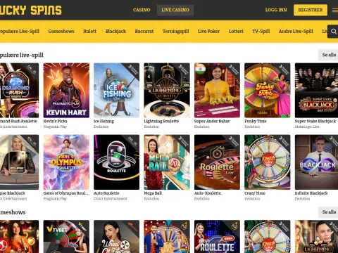 Live casino hos Lucky Spins Casino med gul meny og bordspill som Lightning Roulette, Crazy Time, Funky Time og Infinite Blackjack.