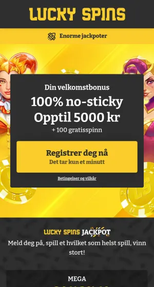 Forsiden til Lucky Spins Casino på mobil med gul banner, narrefigurer bak en velkomstboks med registreringsknapp og jackpotfelt under.