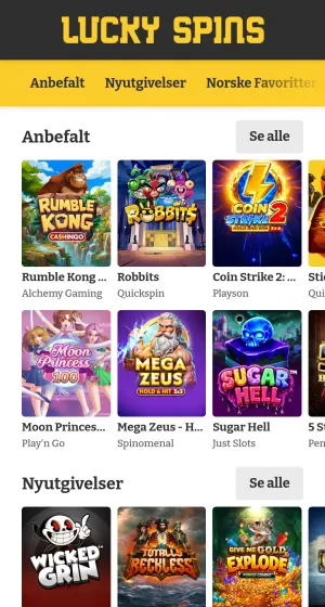 Spilloversikten hos Lucky spins Casino på mobil med anbefalte spill som Robbits, Coin Strike 2 og Sugar Hell, og nyutgivelser under.