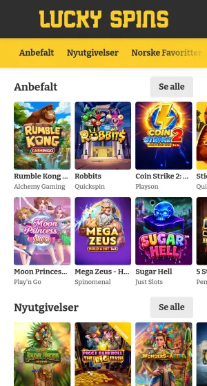 Spillsiden hos Lucky Spins Casino på mobil med gul meny og spillfliser som Rumble Kong, Coin Strike 2, Moon Princess 100 og Sugar Hell.