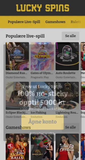 Live casino hos Lucky spins Casino på mobil med Gates of Olympus Roulette og Ice Fishing, delvis dekket av en popup om velkomstbonus.