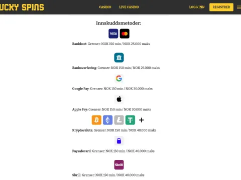 Innskuddsmetoder hos Lucky spins Casino med logoer for Visa, Mastercard, bankoverføring, Google Pay, Apple Pay, kryptovaluta, Paysafecard og Skrill.