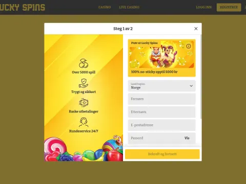 Registreringsskjemaet hos Lucky Spins Casino, steg 1 av 2, med gult panel til venstre og felter for land, fornavn, etternavn, e-post og passord.