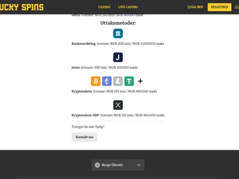 Uttaksmetoder hos Lucky spins Casino med ikoner for bankoverføring, Jeton, kryptovaluta og XRP, og en Kontakt oss-knapp under.