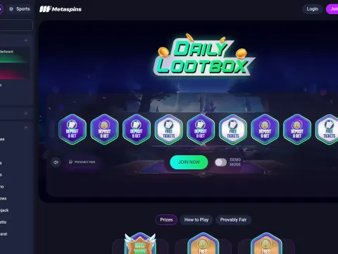 Kampanjesiden hos Metaspins Casino på skrivebord, med Daily Lootbox-banner, rad av sekskantede merker og Join Now-knapp i mørk lilla stil.