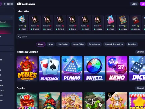 Spillobbyen hos Metaspins Casino på skrivebord, med siste gevinster øverst, kategorifaner og Originals-fliser som Mines, Blackjack, Plinko, Wheel,.