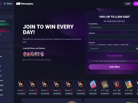 Forsiden til Metaspins Casino på skrivebord, med registreringsskjema for e-post, brukernavn og passord ved siden av teksten Join to Win Every Day.