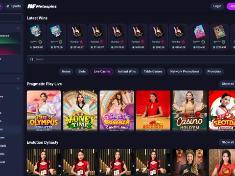 Live casino hos Metaspins Casino på skrivebord, med Pragmatic Play Live-fliser som Gates of Olympus Roulette, Money Time og Sweet Bonanza Candyland,.