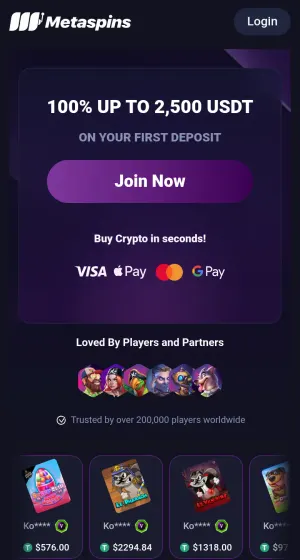 Forsiden til Metaspins Casino på mobil, med velkomstbanner, Join Now-knapp, logoer for Visa, Apple Pay, Mastercard og Google Pay og siste gevinster.