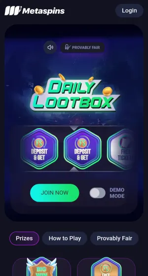 Kampanjesiden hos Metaspins Casino på mobil med Daily Lootbox-banner, sekskantede premiebrikker, grønn Join Now-knapp og faner for Prizes og How to.