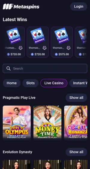 Live casino-siden hos Metaspins Casino på mobil med fliser for Gates of Olympus Roulette, Money Time og Sweet Bonanza Candyland, og.