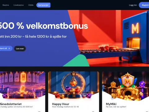 Kampanjesiden hos Miki Casino på desktop: blått og rødt banner med en maskin som sender ut sjetonger, og kort for Månedslotteriet, Happy Hour og.