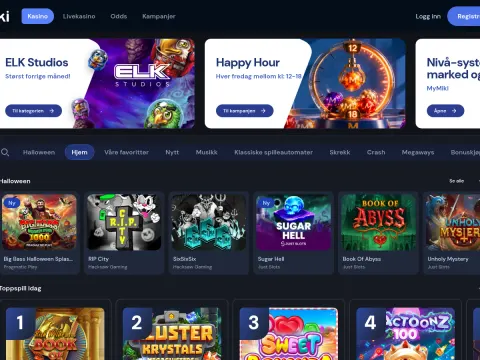 Spillobbyen hos Miki Casino på desktop med bannere for ELK Studios og Happy Hour, kategorimeny og Halloween-spill som Big Bass og Sugar Hell.