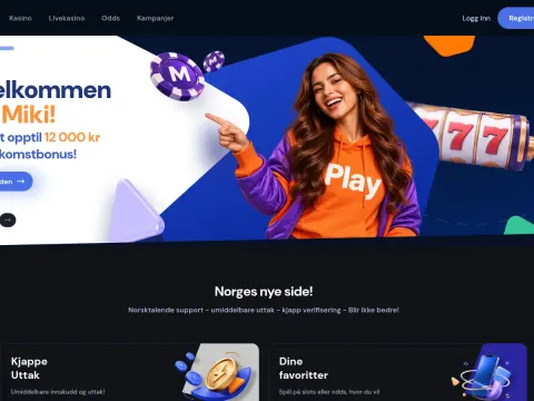 Forsiden hos Miki Casino på desktop med en smilende kvinne i oransje Play-genser som peker, lilla sjetonger og en spilleautomat med tre syvere.