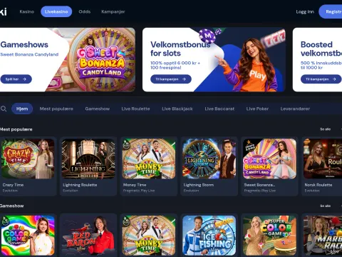 Livekasinoet hos Miki Casino på desktop med bannere øverst og spillfliser for Crazy Time, Lightning Roulette, Money Time og Norsk Roulette.