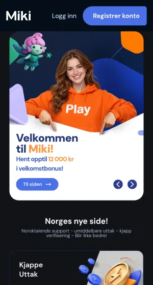 Forsiden hos Miki Casino på mobil med en smilende kvinne i oransje Play-genser, en liten fe med rosa hår og en meny nederst på skjermen.