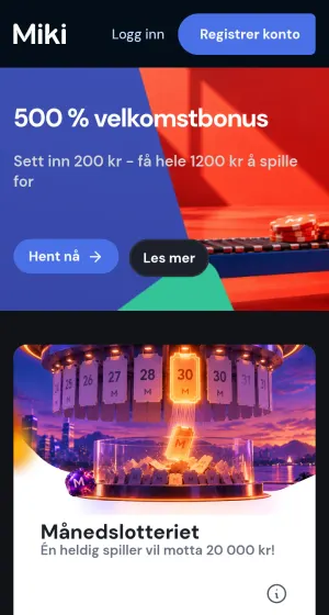 Kampanjesiden hos Miki Casino på mobil med et blått og rødt banner med sjetonger og et kort for Månedslotteriet med lysende lodd.