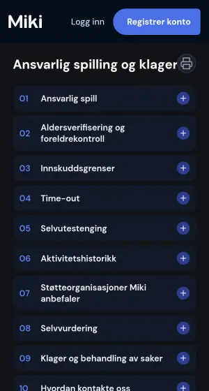 Siden for ansvarlig spilling og klager hos Miki Casino på mobil, med en nummerert liste over emner som innskuddsgrenser og selvutestenging.
