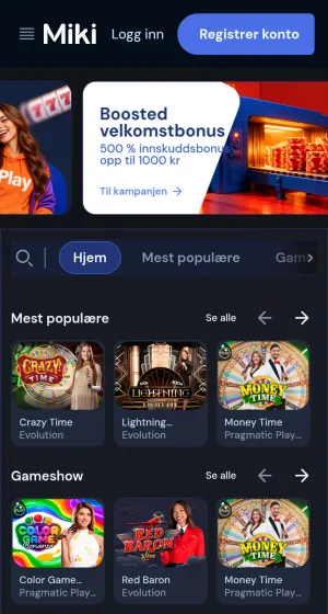 Livekasinoet hos Miki Casino på mobil med et banner øverst og fliser for Crazy Time, Lightning Roulette, Money Time, Color Game og Red Baron.
