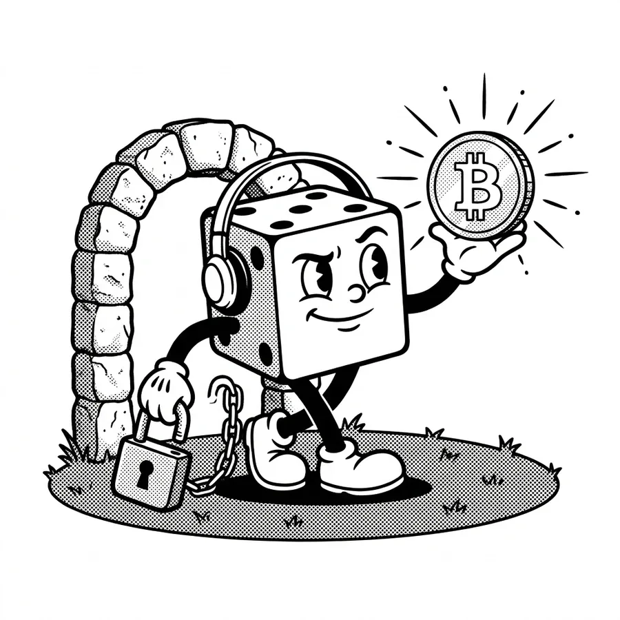 Maskoten står foran en steinportal, holder en bitcoin-mynt opp mot sola og en åpen lås i den andre hånden. Den ser nysgjerrig og litt skeptisk over skulderen.