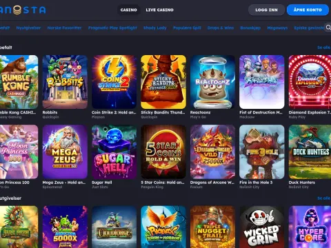 Spillobbyen hos Panosta Casino på desktop, med mørk bakgrunn, kategorimeny og rader med spillfliser som Rumble Kong, Reactoonz og Moon Princess 100.