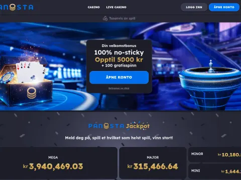 Forsiden til Panosta Casino på desktop, med banner av en skattekiste med kort og sjetonger, velkomstbonusboks og jackpotseksjon under.