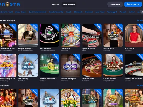 Live casino hos Panosta Casino på desktop, med kategorimeny og fliser for bordspill som Crazy Time, Blackjack, rulett og baccarat med vertinner.