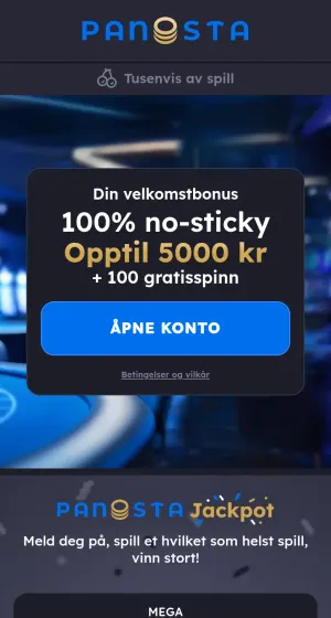 Forsiden til Panosta Casino på mobil, med logo øverst, blå casinobanner med velkomstboks og knapp, jackpotseksjon og knapper for innlogging nederst.
