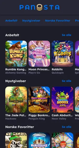 Spillsiden hos Panosta Casino på mobil, med radene Anbefalt, Nyutgivelser og Norske Favoritter og fliser som Rumble Kong, Moon Princess 100 og.