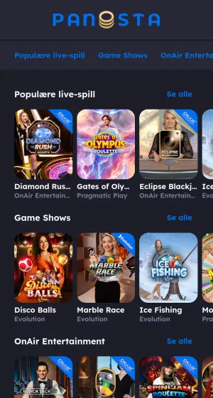 Live casino-siden hos Panosta Casino på mobil, med fliser for Diamond Rush, Gates of Olympus Roulette, Eclipse Blackjack, Disco Balls og Marble Race.