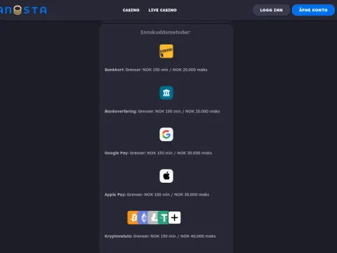 Innskuddsmetodene hos Panosta Casino, med logoer for Interac, bankoverføring, Google Pay, Apple Pay og kryptovaluta på mørk bakgrunn.